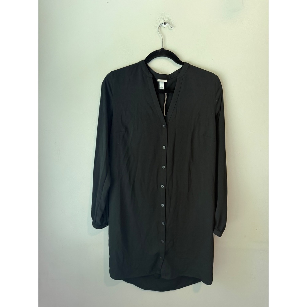 A New Day Black Long Sleeve Button Down Shirt Dress Split V-Neck Small